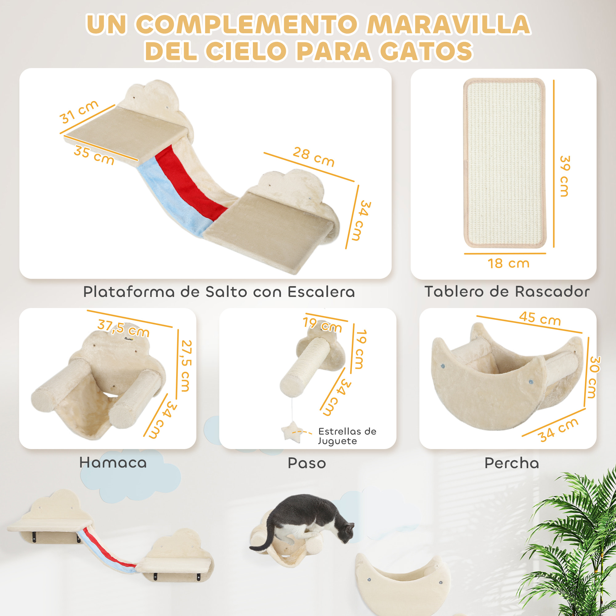 Juego de Pared de Escalada para Gatos de 6 Piezas Tema Cielo Estanterías para Gatos con Hamacas Plataformas Escaleras Tabla Rascador Poste de Sisal Estrellas de Juguete Beige
