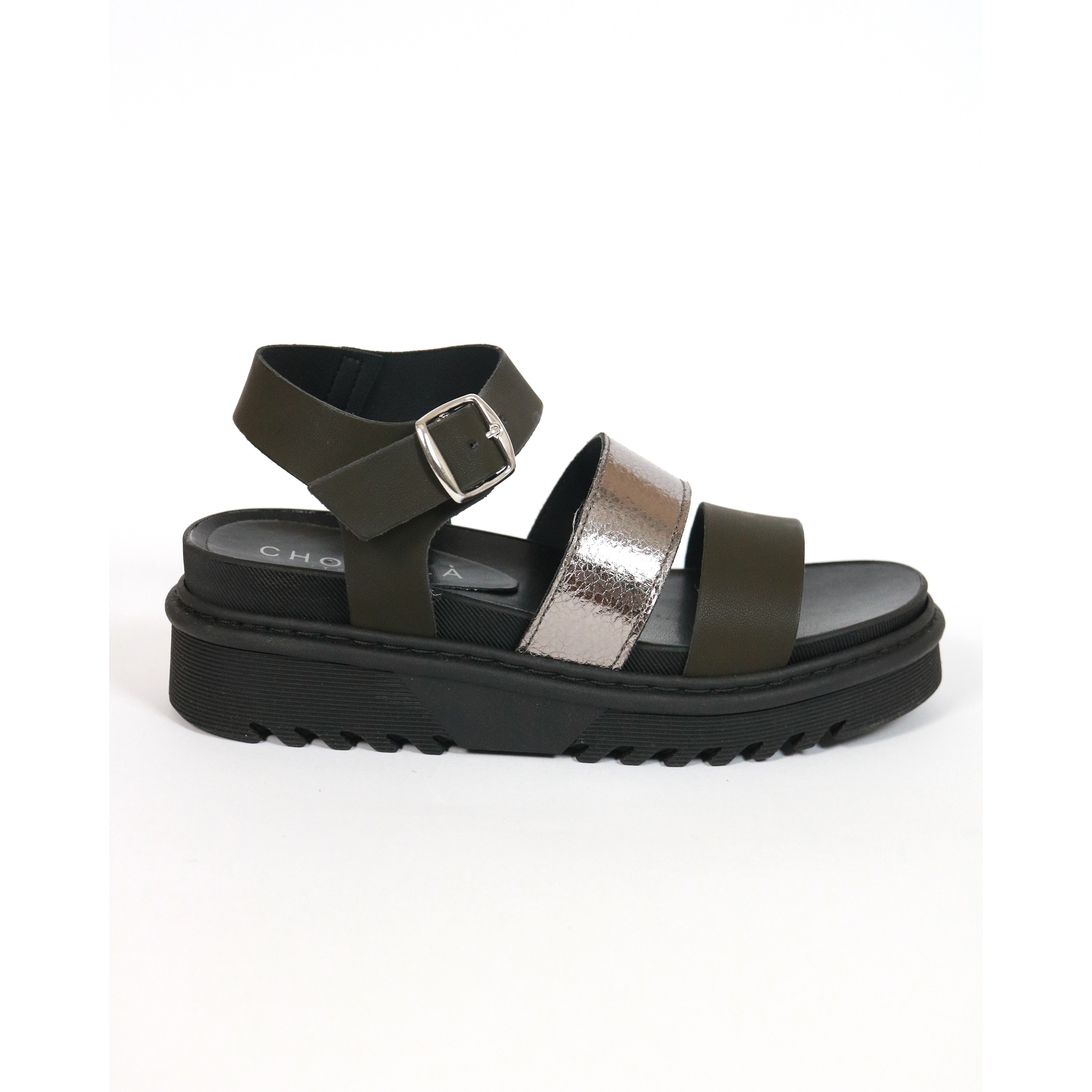 SANDALO FLATFORM TRE FASCE CHOCOLA' NERO