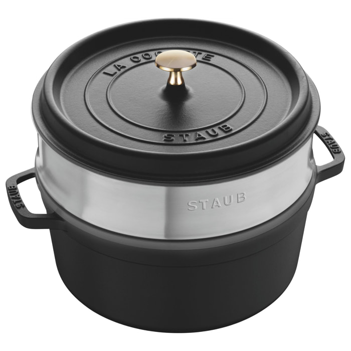 Cocotte avec panier vapeur 24 cm, Rond(e), Noir mat, Fonte