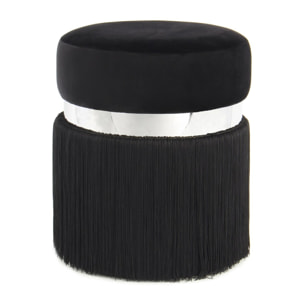 Pouf Rebecca in velluto nero e argento con frange
