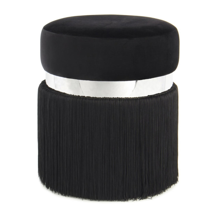 Pouf Rebecca in velluto nero e argento con frange