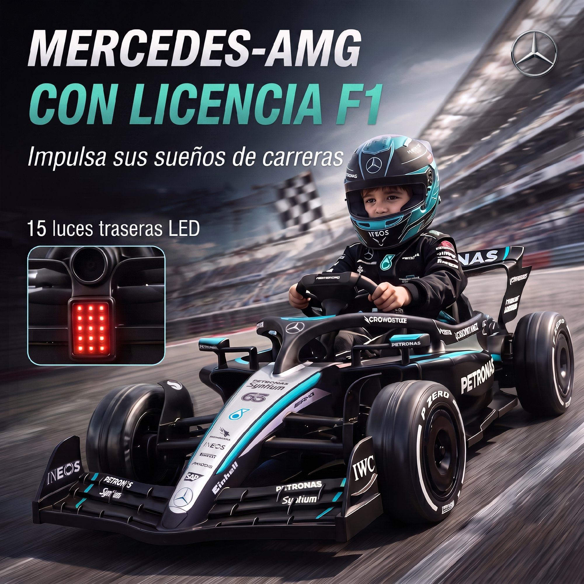 AIYAPLAY Kart Eléctrico para Niños 12V Mercedes-AMG PETRONAS F1, Go Kart Mando a Distancia 2,4G, 2 Motores, Suspensión Trasera, Arranque Suave, 3,3-5,5km/h, Luces LED, Música, Claxon, 3-5 Años, Negro