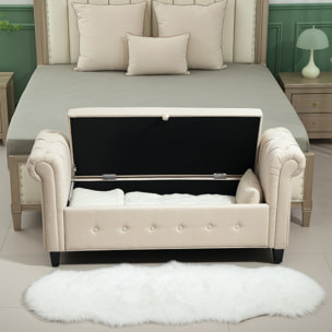 Banco de Almacenamiento Taburete de Almacenaje de Lino con Tapa de Bisagras Patas de Madera y Reposabrazos Enrollados para Dormitorio Salón Pasillo Carga 150 kg 146,5x49x74,5 cm Beige