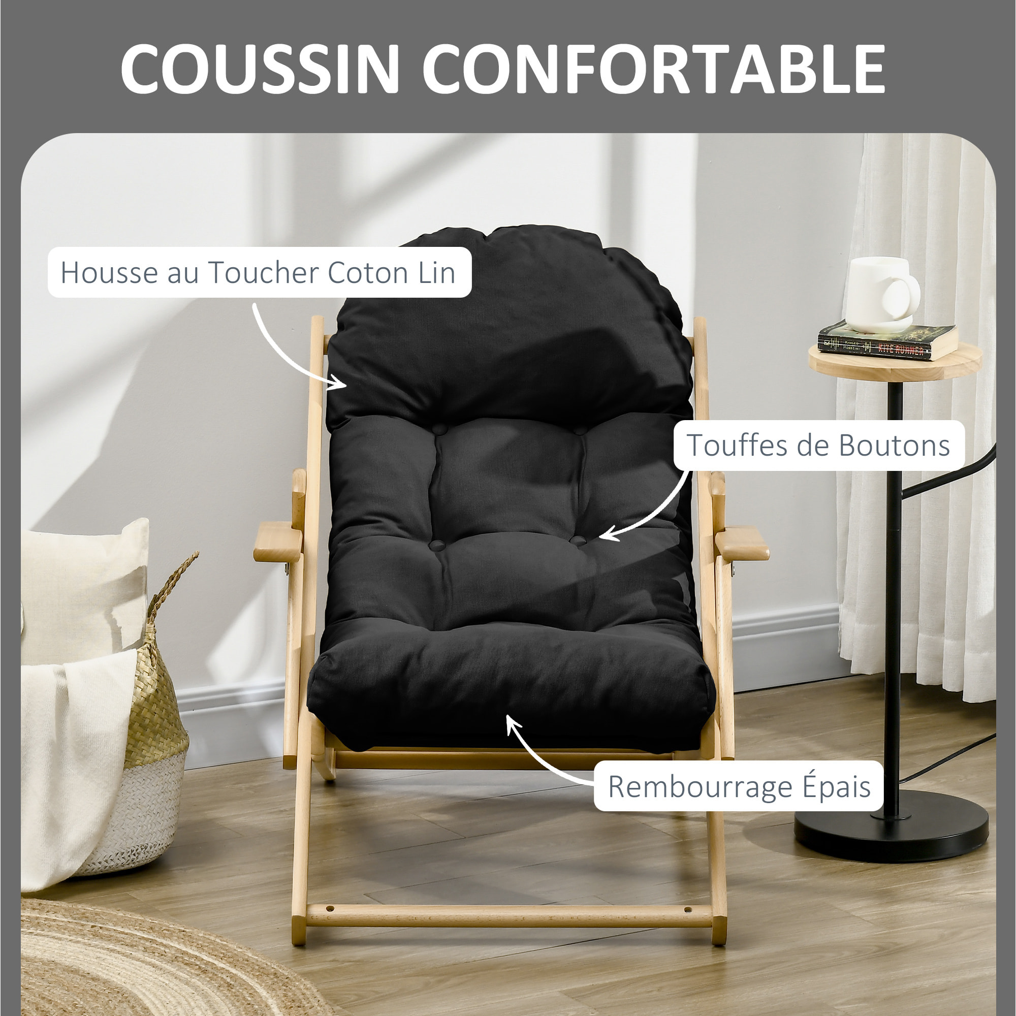 Fauteuil chaise pliable et inclinable en bois grand confort avec coussin capitonné épais - dim. 71I x 89P x 96H cm - noir