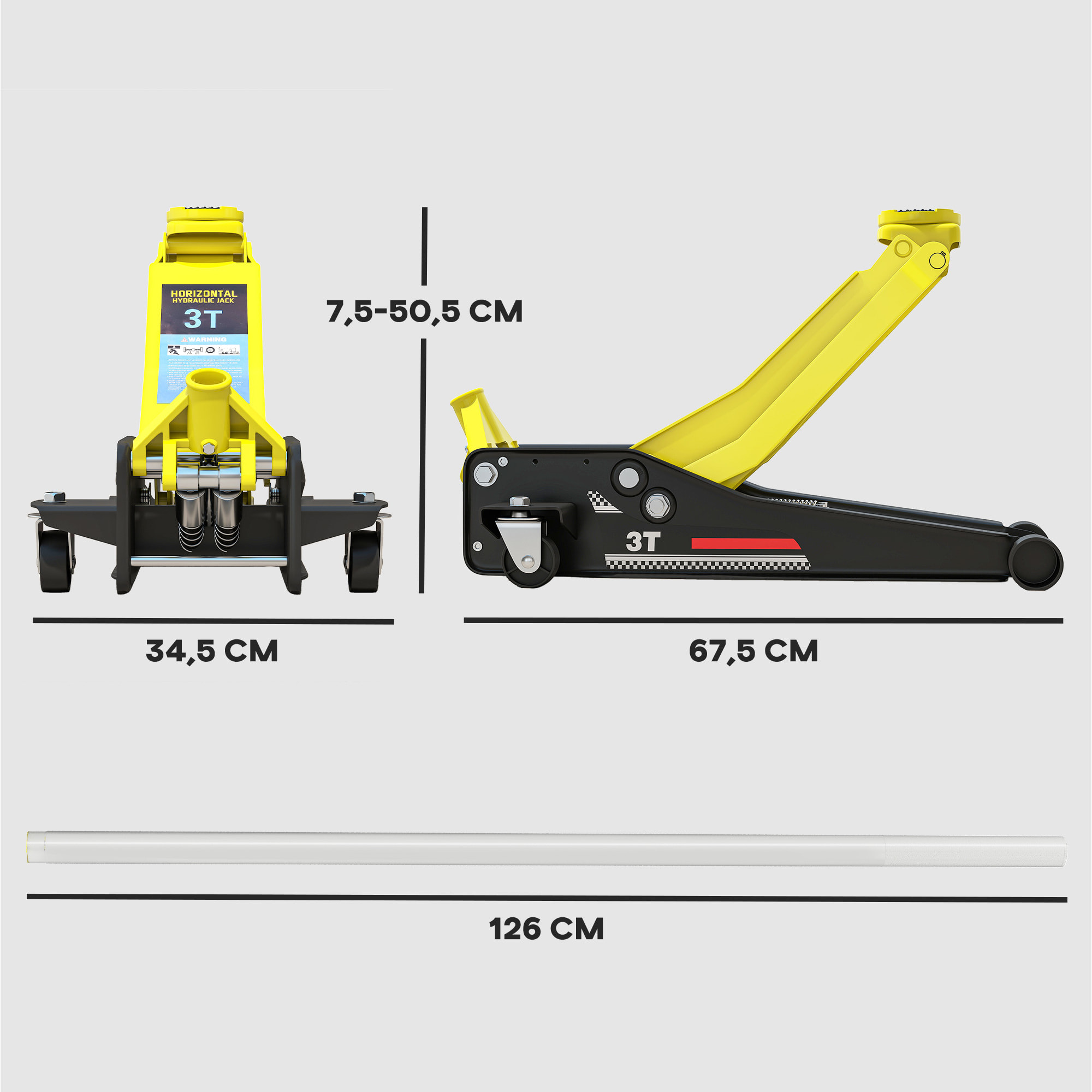 Gato Hidráulico para Coche 3T, Altura de Elevación 75-505 mm, Gato Elevador Hidráulico con Perfil Bajo, Bomba de Doble Pistón con Doble Elevación de Subida, Mango de Aluminio Ruedas para Garaje