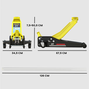 Gato Hidráulico para Coche 3T, Altura de Elevación 75-505 mm, Gato Elevador Hidráulico con Perfil Bajo, Bomba de Doble Pistón con Doble Elevación de Subida, Mango de Aluminio Ruedas para Garaje