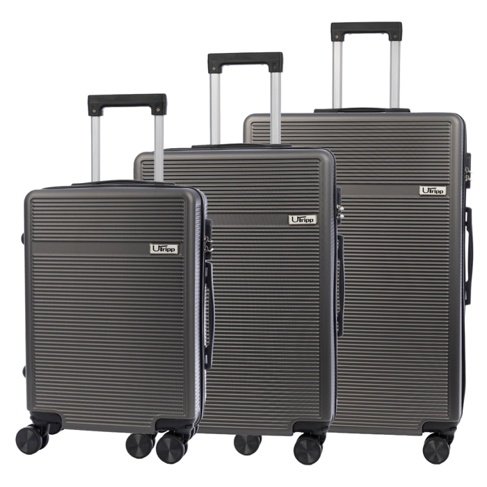 Juego de 3 maletas Trolley, en material ligero ABS de alta resistencia. Cerradura numérica y 4 ruedas dobles extraíbles y giratorias 360°.