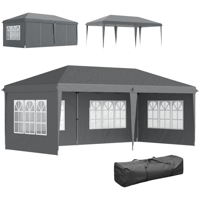 Carpa Plegable 6x3 m, Pop-up, con 4 Laterales Desmontables, Cenador de Jardín con 4 Ventanas Visibles y Bolsa de Transporte, Impermeable, Anti-UV, Gazebo para Camping, Fiestas, Exterior Gris