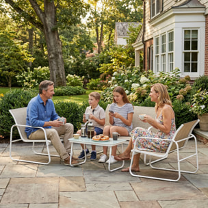 Conjunto Jardín Exterior de 4 Piezas, Muebles Jardín Exterior con Sofá de 2 Plazas, 2 Sillones, Mesa de Vidrio Templado, Tela de Textilene Transpirable, Estructura de Acero, Caqui