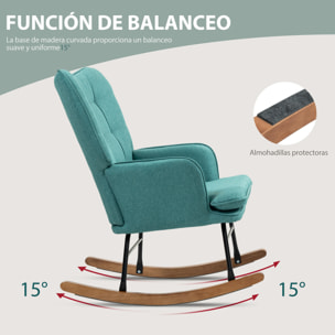 Silla Mecedora con Reposapiés, Sillón de Relax, con Cojín Acolchado, Respaldo Alto, Reposabrazos y Patas de Madera, Carga 130 kg, para Salón, Dormitorio, Verde Azulado