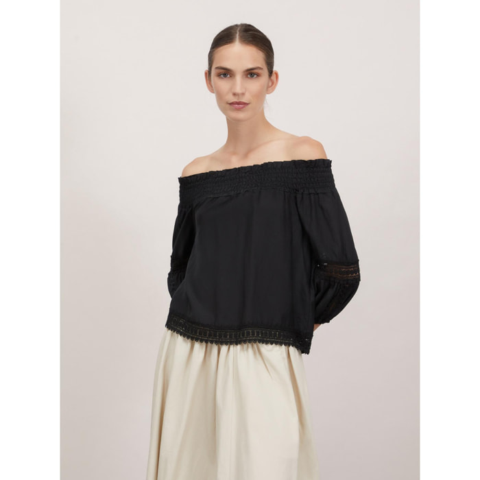 Motivi - Blusa off-shoulders con inserti crochet - Nero