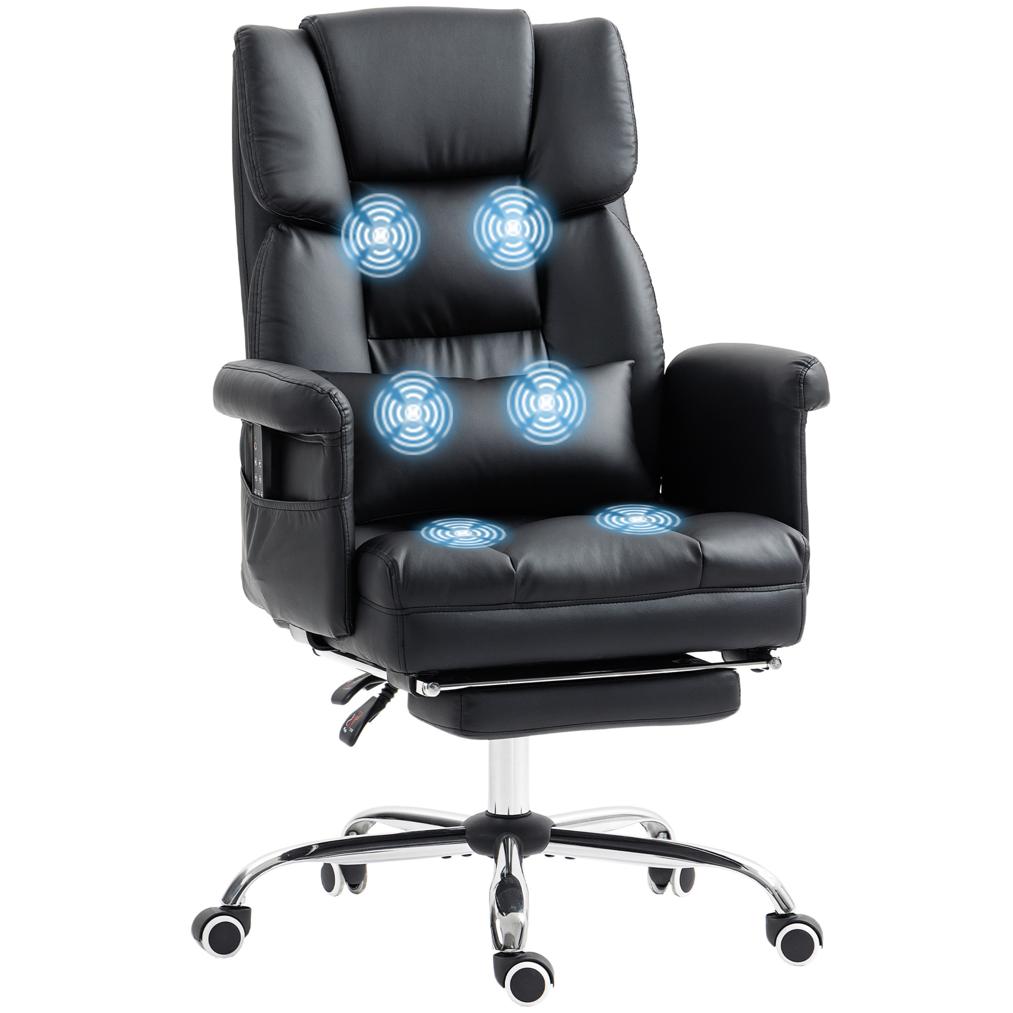 Silla de Oficina con 6 Puntos de Masaje Silla de Masaje Giratoria Silla de Escritorio con Reposapiés Retráctil Altura Ajustable Control Remoto y Soporte Lumbar Tejido de PU Negro