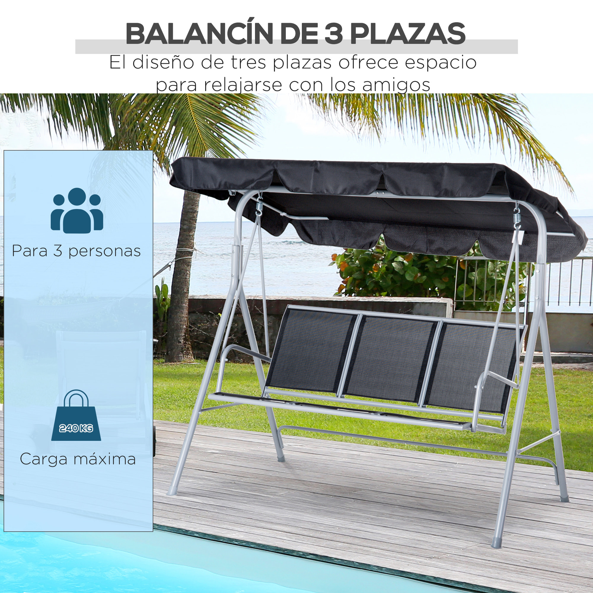 Columpio Balancín de Jardín de 3 Plazas con Toldo Ajustable 171x108x154cm Negro