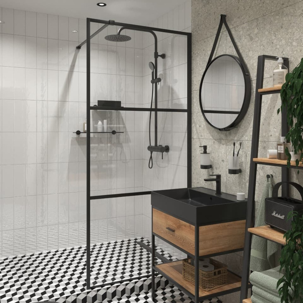 Walk-in paroi de douche à l'italienne 140 cm en verre, noir mat (SIKOWI140CP)