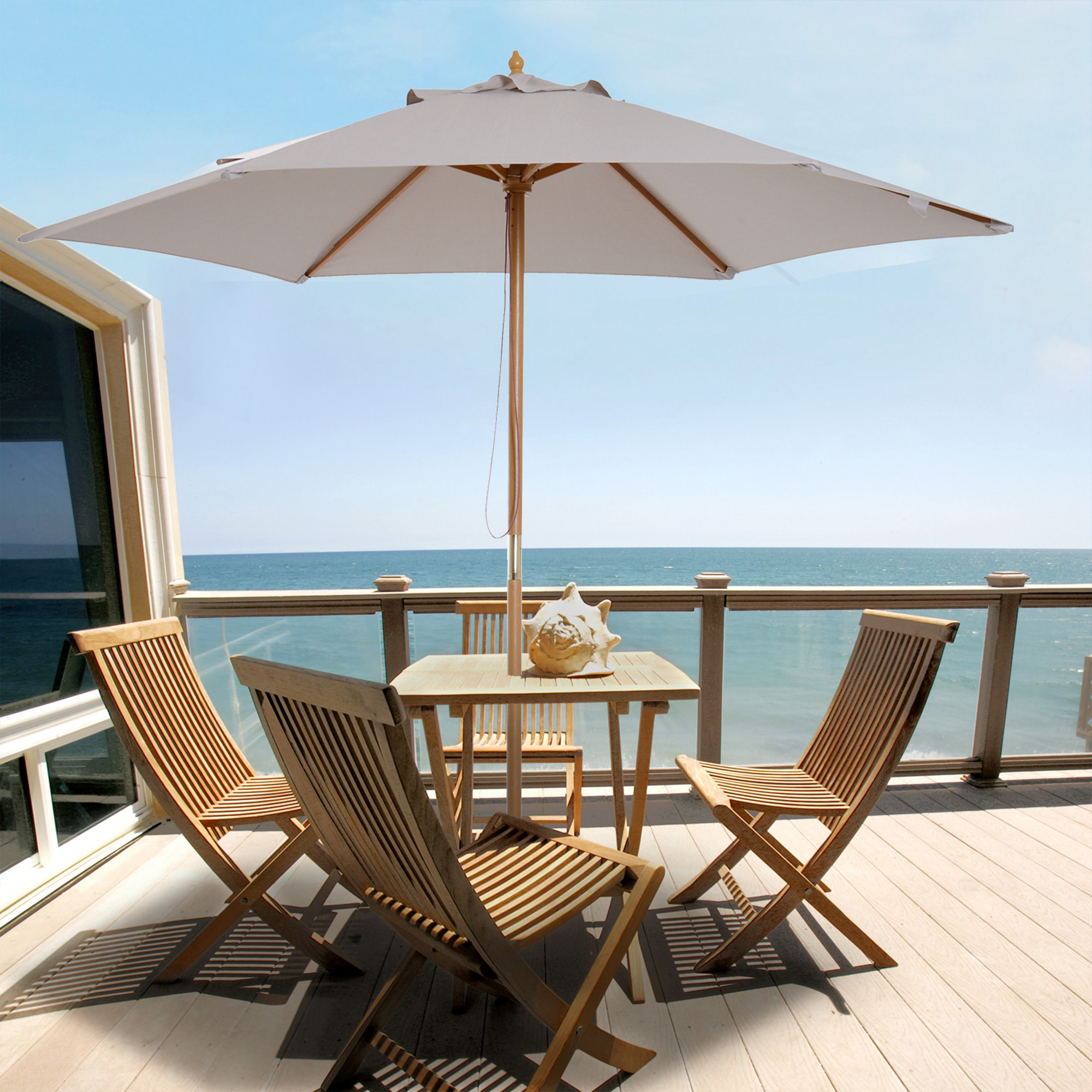 Sombrilla Parasol de Madera Ø250x230 cm para Exterior con 6 Varillas Sistema de Cuerda con Fijación Desmontable Portátil Fácil de Guardar y Transportar Gris