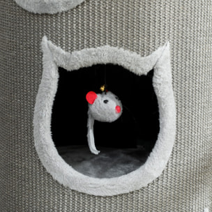 Tour à griffer pour chat - arbre à chat - 3 niches, 3 jouets, panier haut - sisal peluche gris