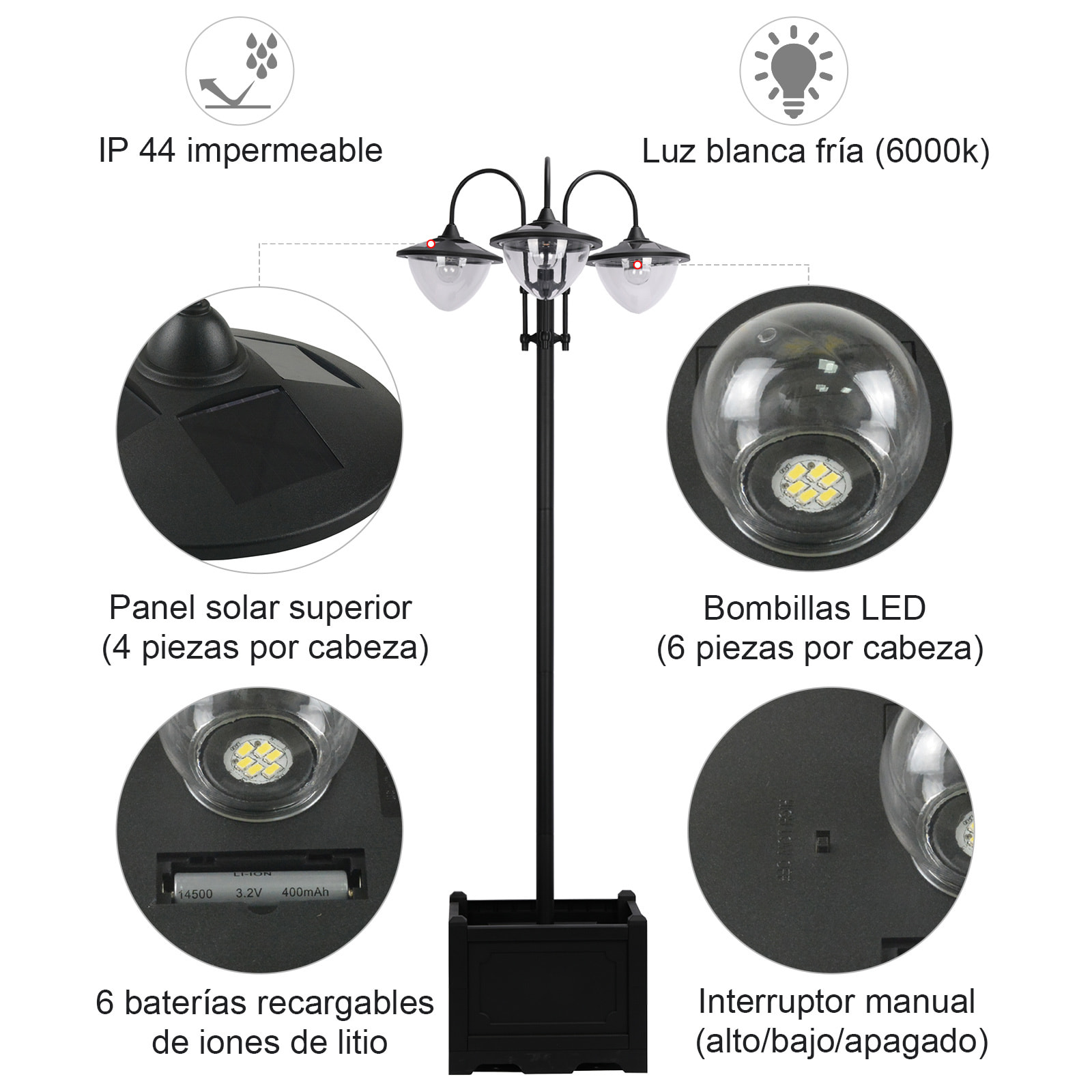 Farol Solar de Jardín 189 cm con 18 Luces LED Blanca Fría 6000K IP44 Base Maceta