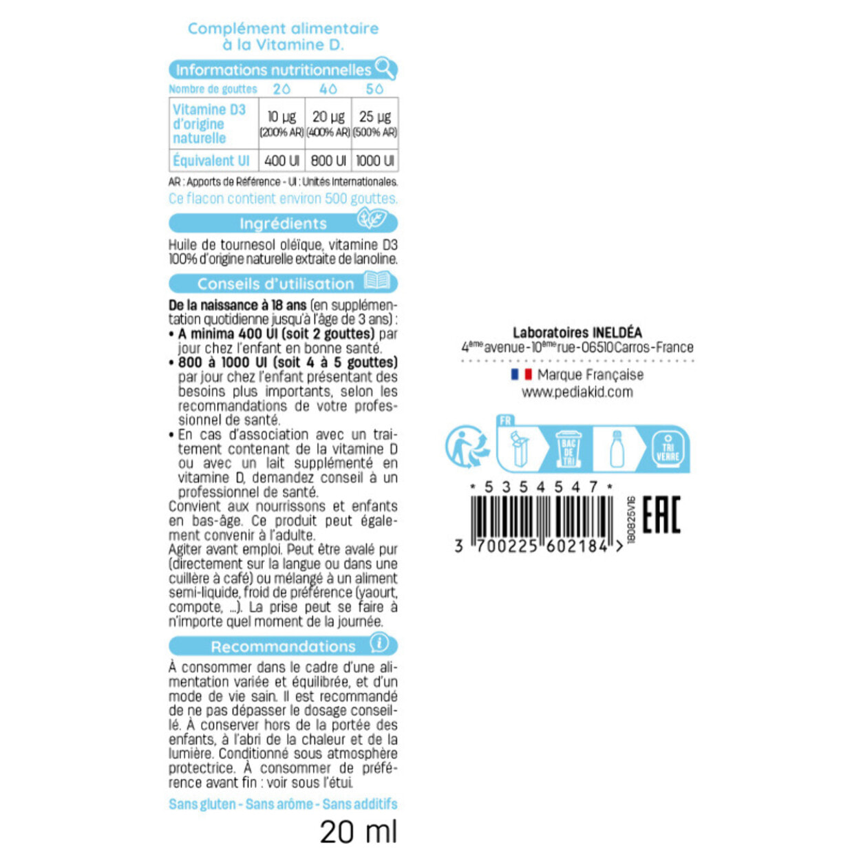 PEDIAKID - Vitamine D3 - 100% d'origine naturelle - Renforcement des défenses naturelles - Dès la naissance - Couvre 200% des apports journaliers recommandés - Lot de 3 produits