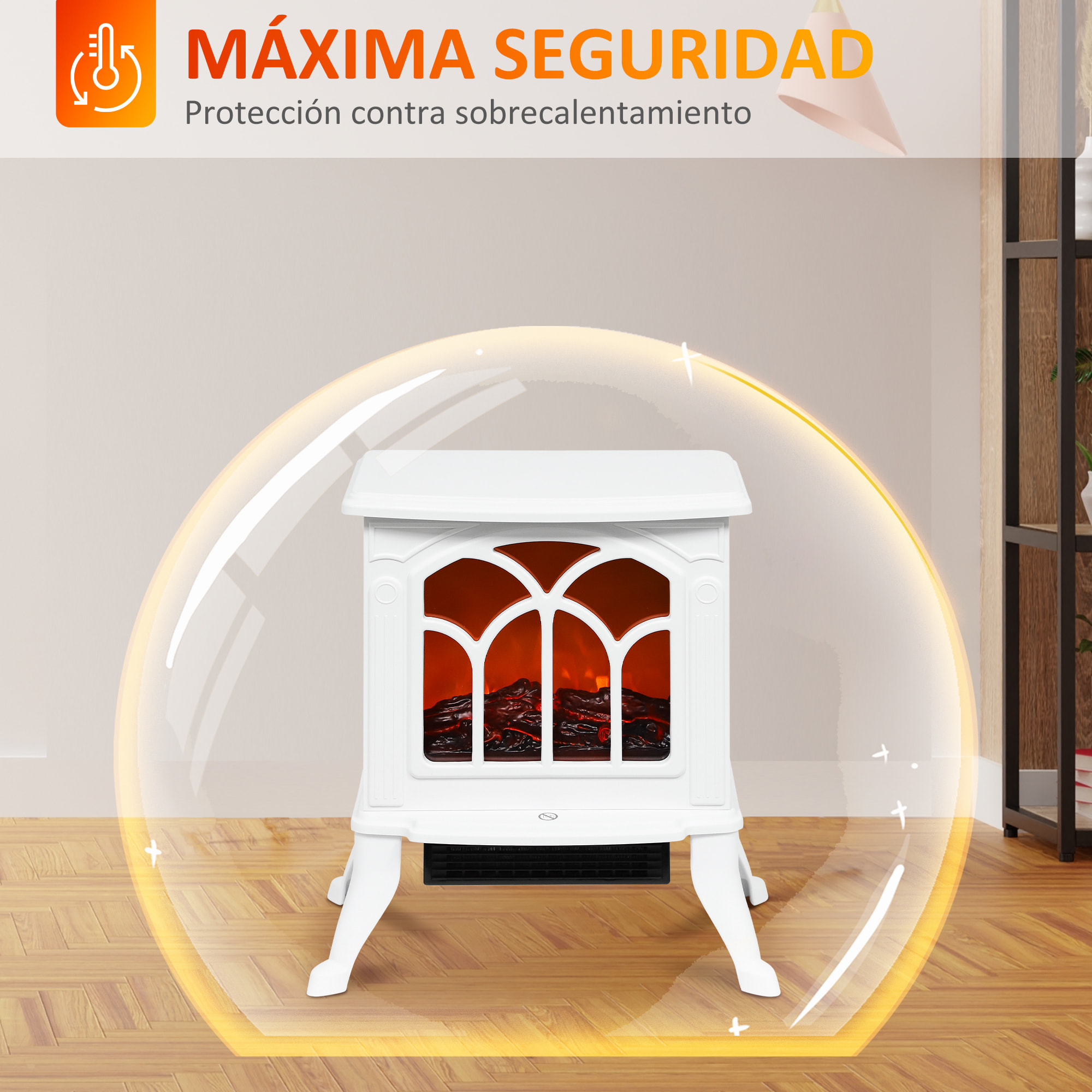 Chimenea Eléctrica de Pie 750/1500 W, Chimenea Decorativa con 2 Niveles de Potencia, Efecto Llama, Protección Sobrecalentamiento, Área de Cobertura 15-20 m², Blanco