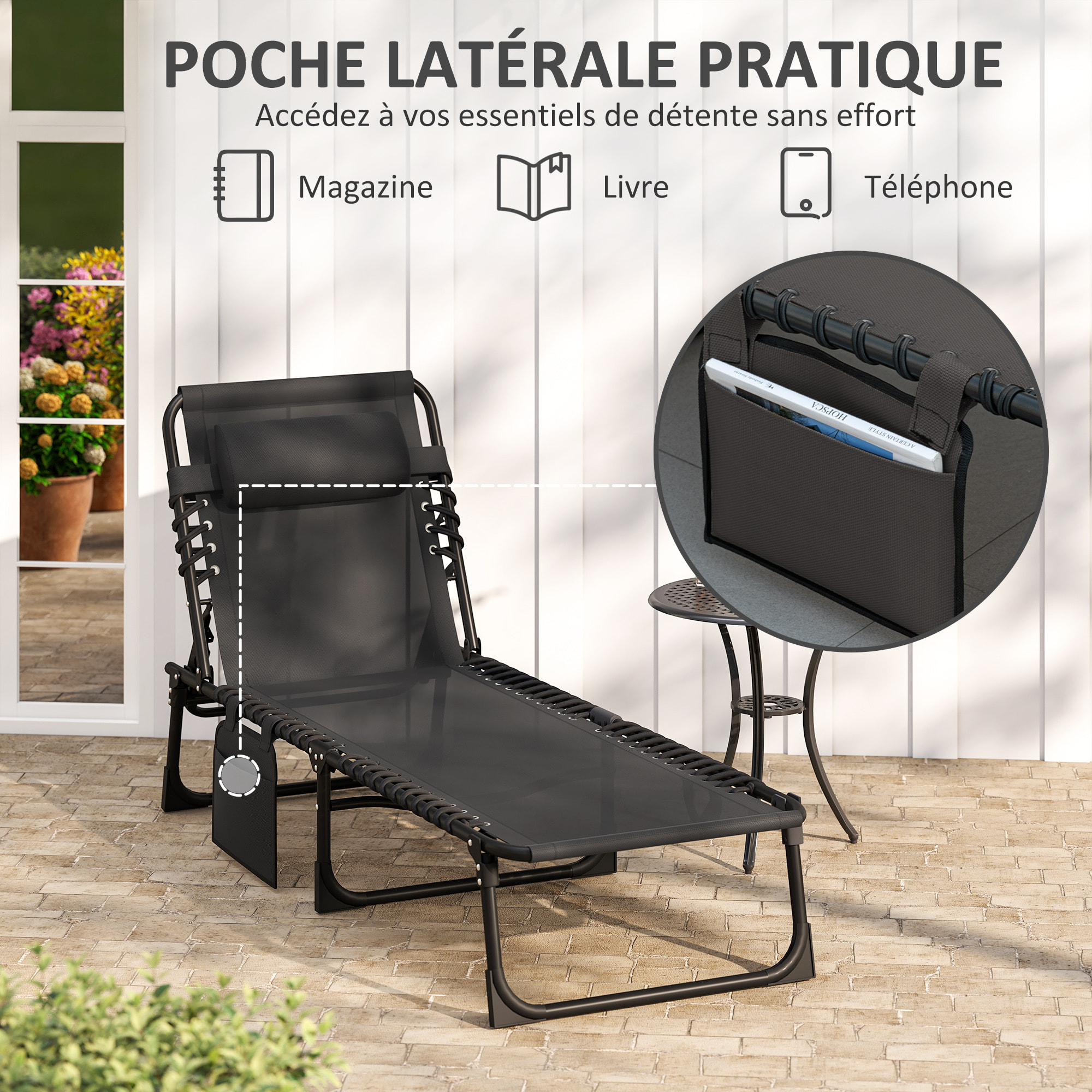 Bain de soleil transat pliable dossier inclinable acier époxy noir lacets élastiques textilène noir