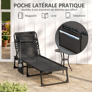 Bain de soleil transat pliable dossier inclinable acier époxy noir lacets élastiques textilène noir