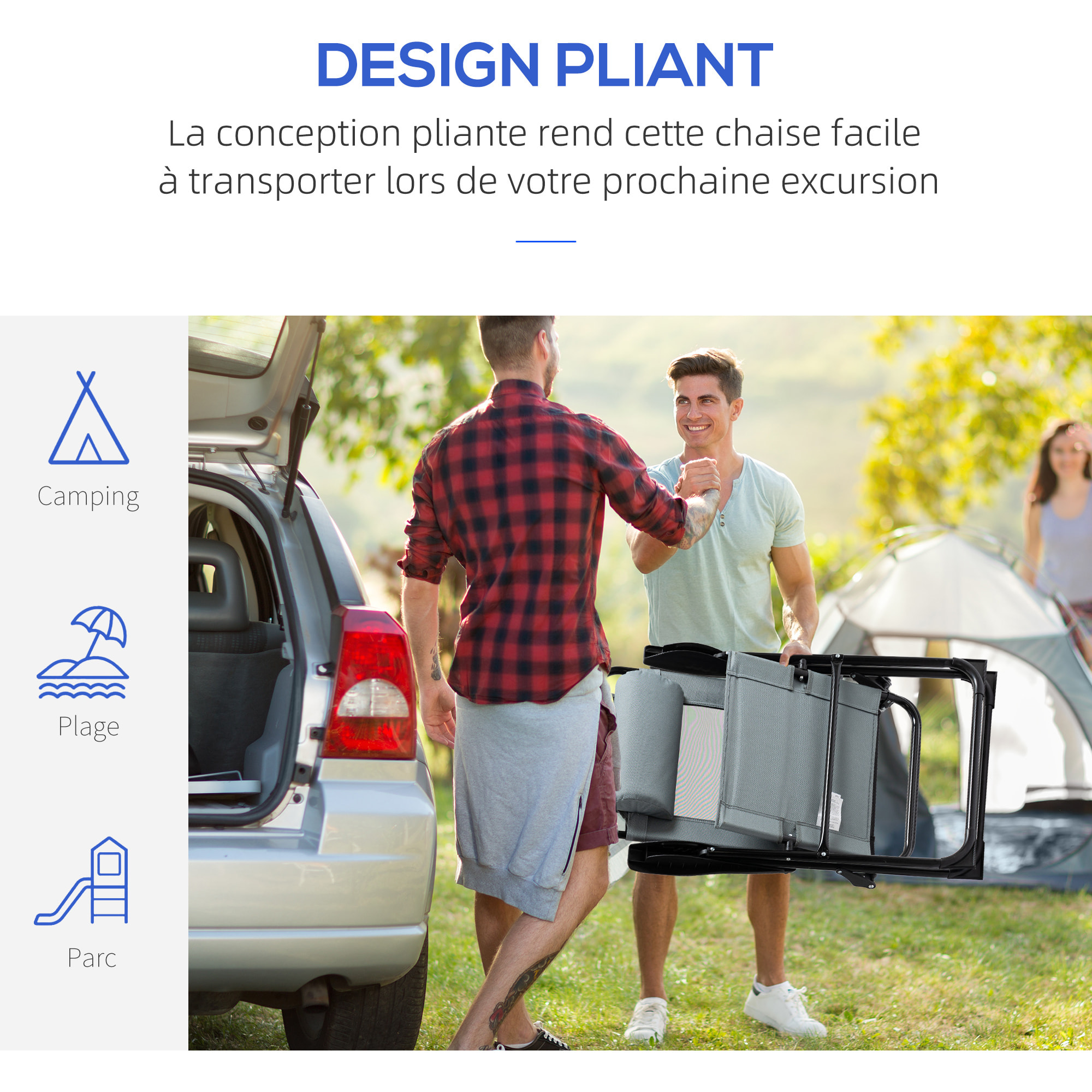 Lot de 2 chaises de jardin camping pliables - dossier inclinable 5 positions - tétière incluse - acier époxy oxford textilène gris