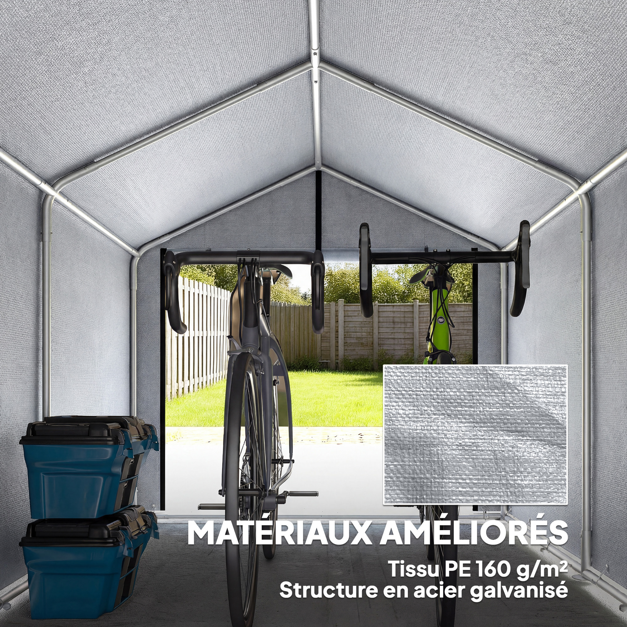 Abri de jardin porte enroulable toile PE gris clair