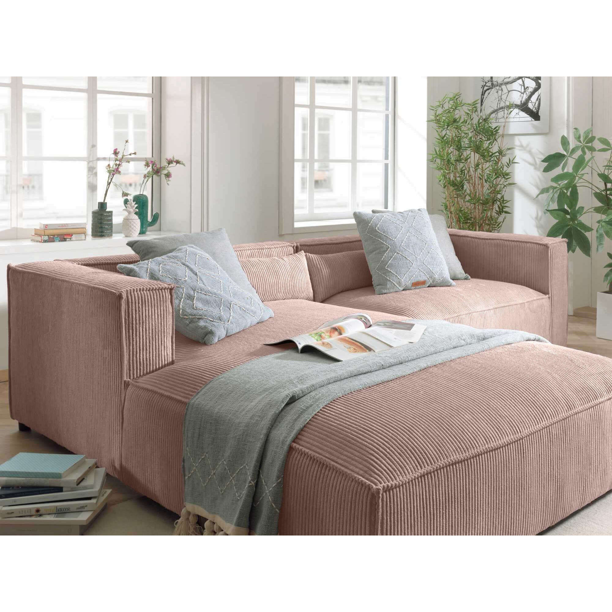 Ela - canapé d'angle gauche 4 places - en velours côtelé - style contemporain - Rose