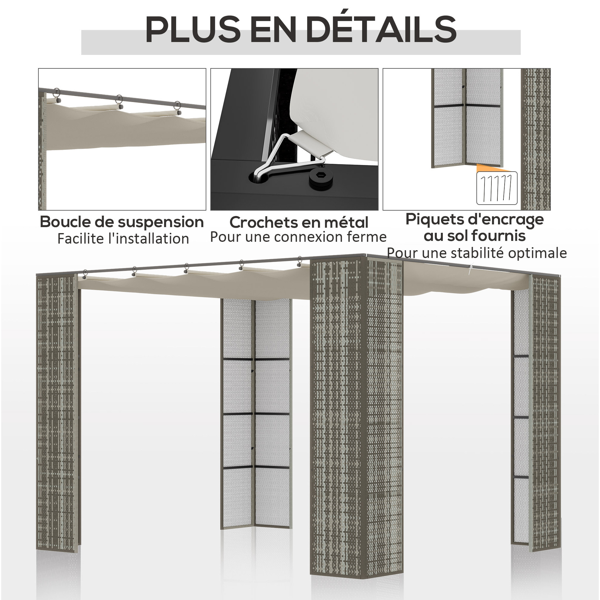 Pergola rétractable style colonial dim. 2,98L x 2,98l x 2H m métal époxy anticorrosion résine tressée grise toile polyester haute densité 180 g/m² crème