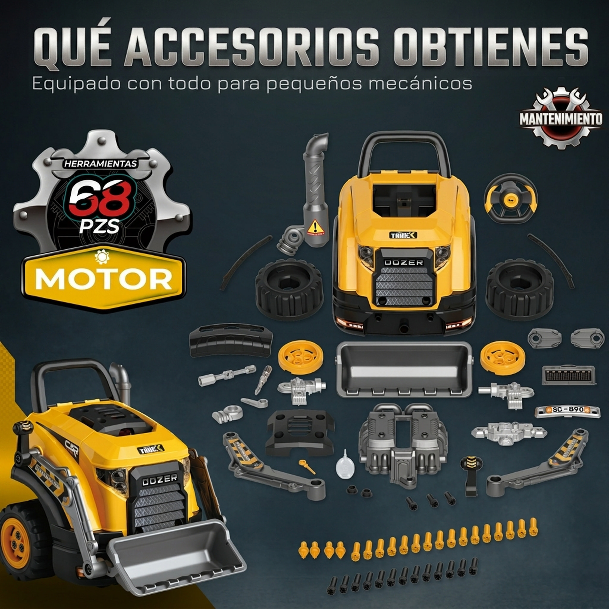 AIYAPLAY Juguete de Motor de Excavadora para Niños, Volante de Juguete con Vapor, Luces y Sonidos, Set de Reparación Mecánico Desmontable, Regalo Educativo para Niños y Niñas de 3-6 Años, Amarillo