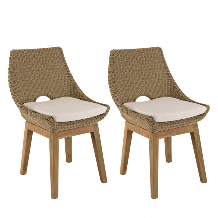 KALLY - Lot de 2 chaises jardin rotin synthétique et coussin, pieds droits