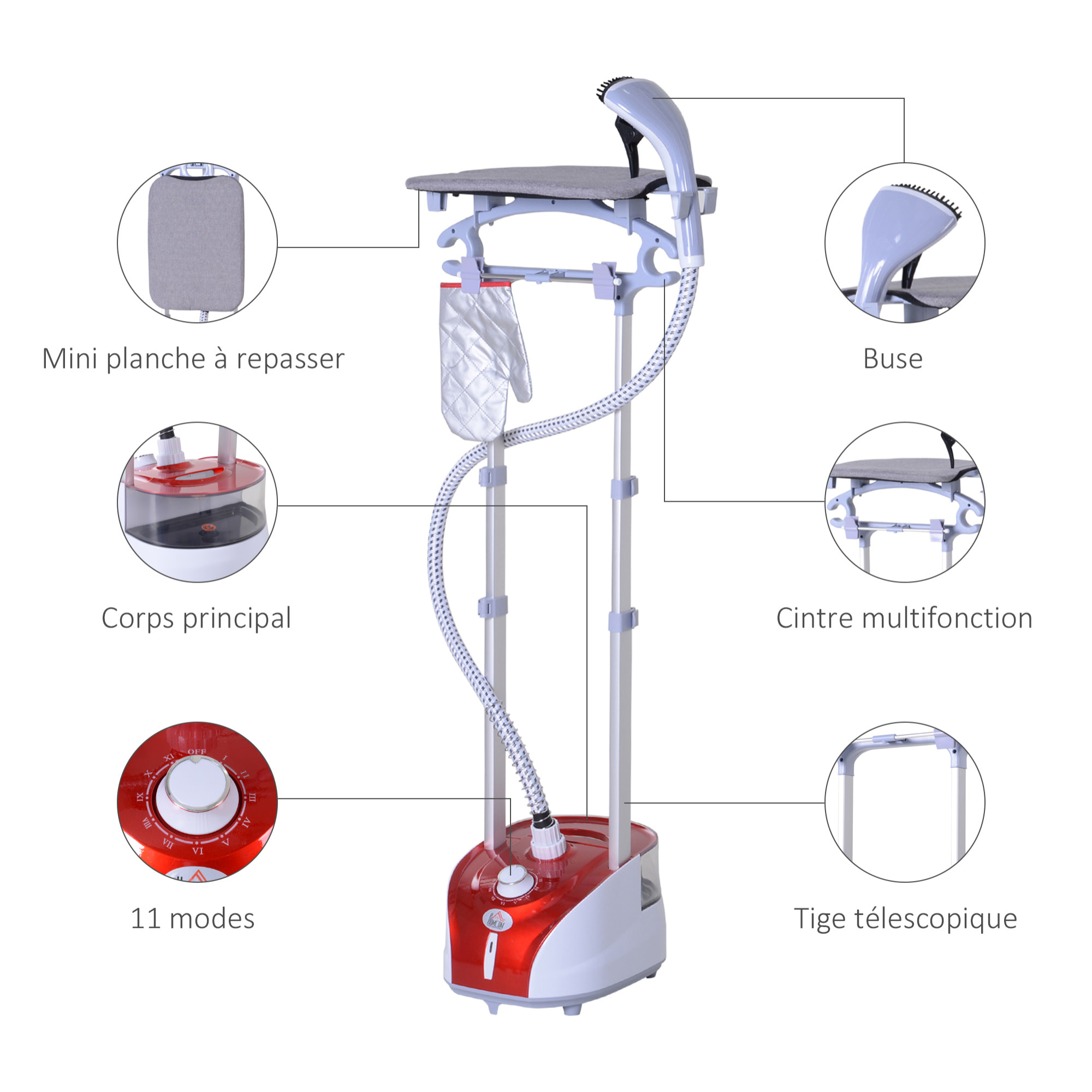 HOMCOM Défroisseur à vêtements 1950 W planche à repasser intégrée réservoir d'eau 2 L tige telescopique gant + cintre fournis rouge