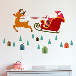Sticker Noël le Père Noël en plein vol - Autocollants stickers adhésifs noël - décoration fêtes