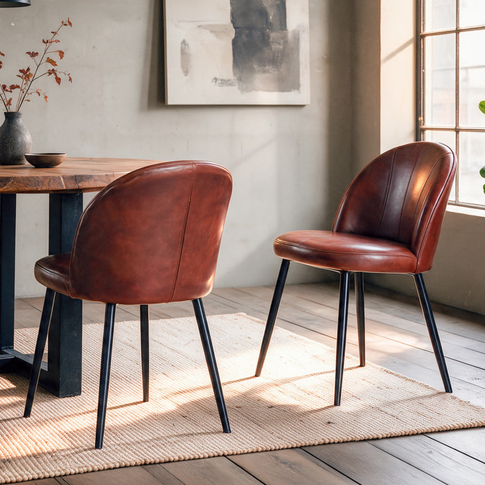 Lot de 2 chaises en cuir de buffle marron rouge - Célestin