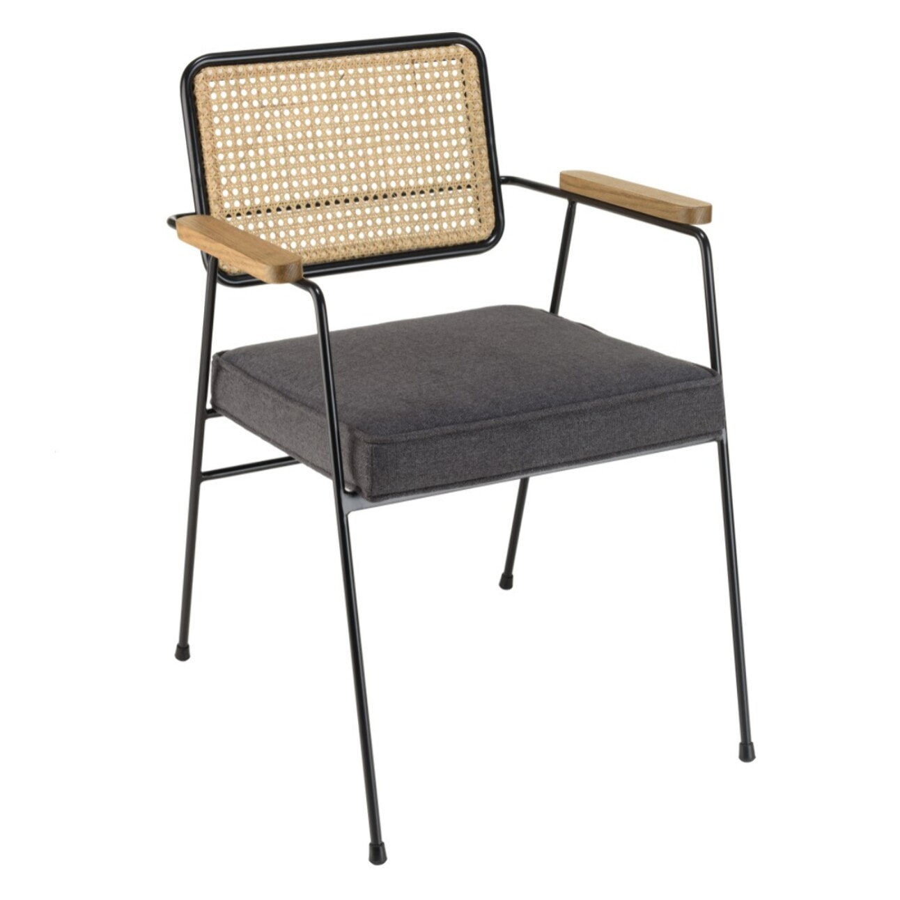AGATHE - Fauteuil métal noir assise tissu gris foncé dossier rotin