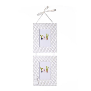 Portafoto da muro con cactus in legno bianco, multiplo 2 foto cm19x58x1