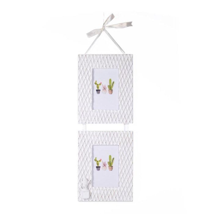 Portafoto da muro con cactus in legno bianco, multiplo 2 foto cm19x58x1