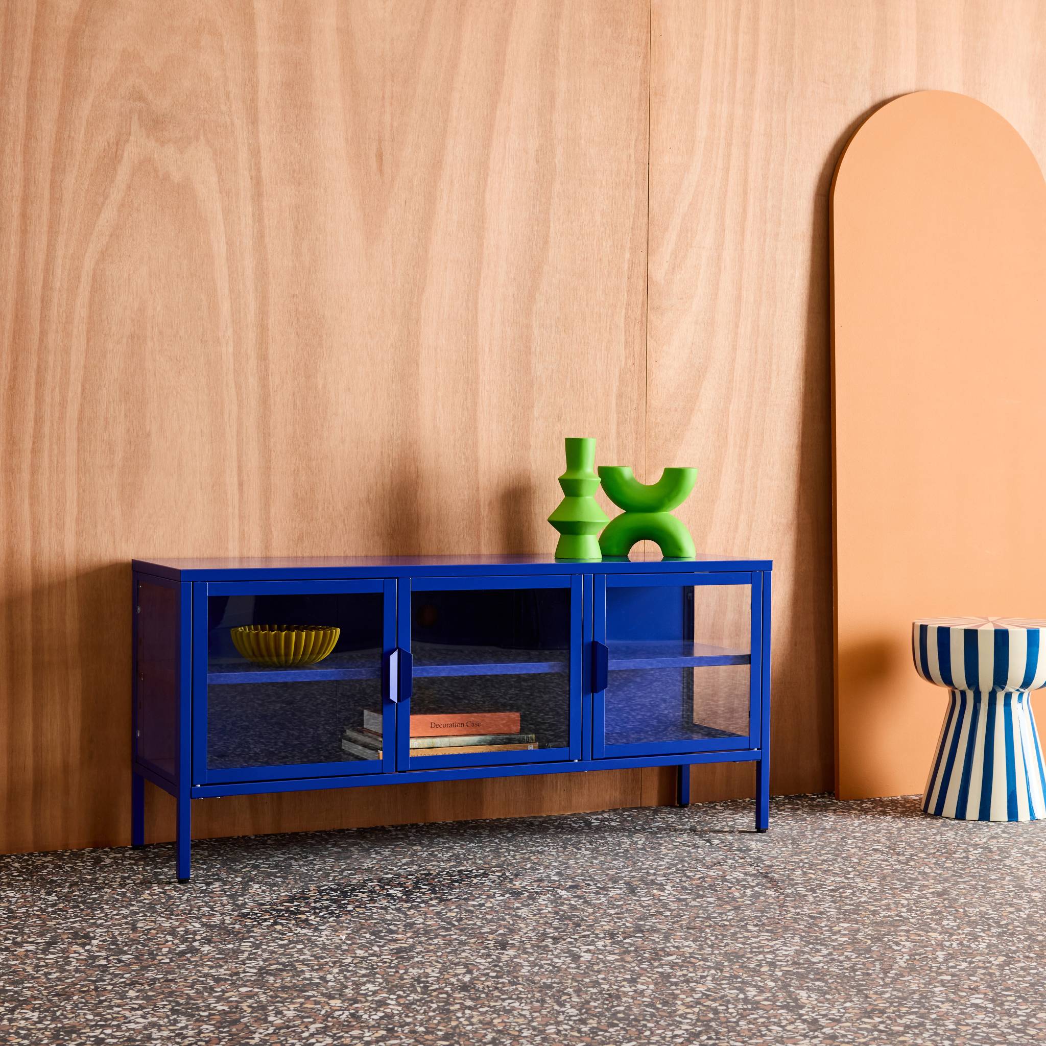 Meuble TV industriel métal et verre trempé 3 portes 120cm ARKANSAS