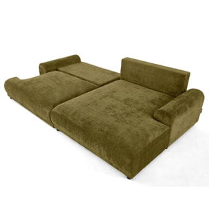 Nelly - canapé d'angle droit 4 places convertible avec coffre en velours texturé - Vert Olive