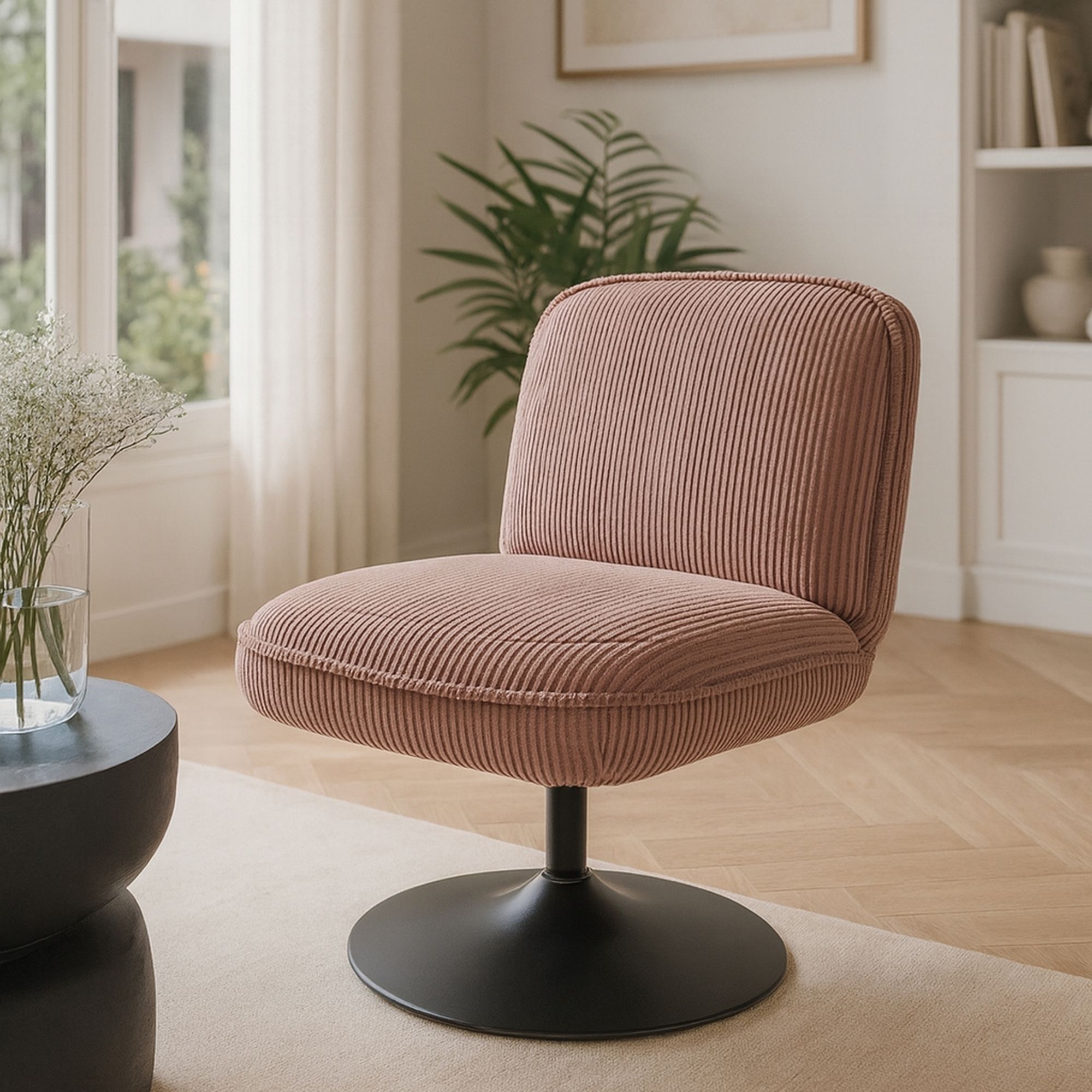 Fauteuil pivotant en velours rose et pied en métal noir FUNKY