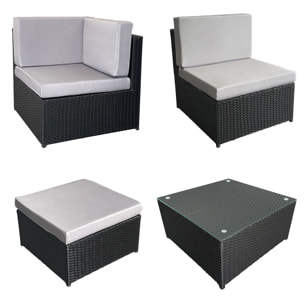 Salon de jardin BONIFACIO en résine tressée noir 6 places - coussin gris