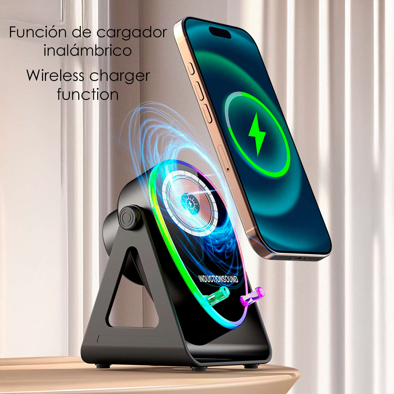 Altoparlante H68 con tecnologia di induzione intelligente che amplifica il suono posizionando il mobile sopra. Con Bluetooth, ricarica wireless da 15W e luci LED multicolori.