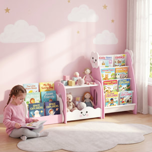 Estantería Infantil para Juguetes 3 en 1, Organizador de Juguetes con Librería, Revistero y Mesita de Noche, para Niños 3-8 Años, para Dormitorio, Sala de Juegos, 85,5x32x72 cm, Rosa