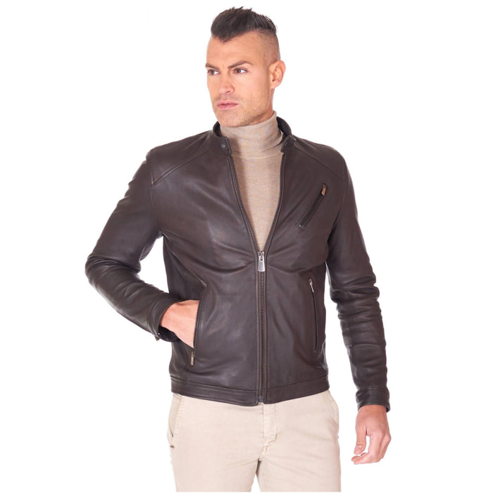 Giacca biker in pelle naturale testa di moro effetto vintage