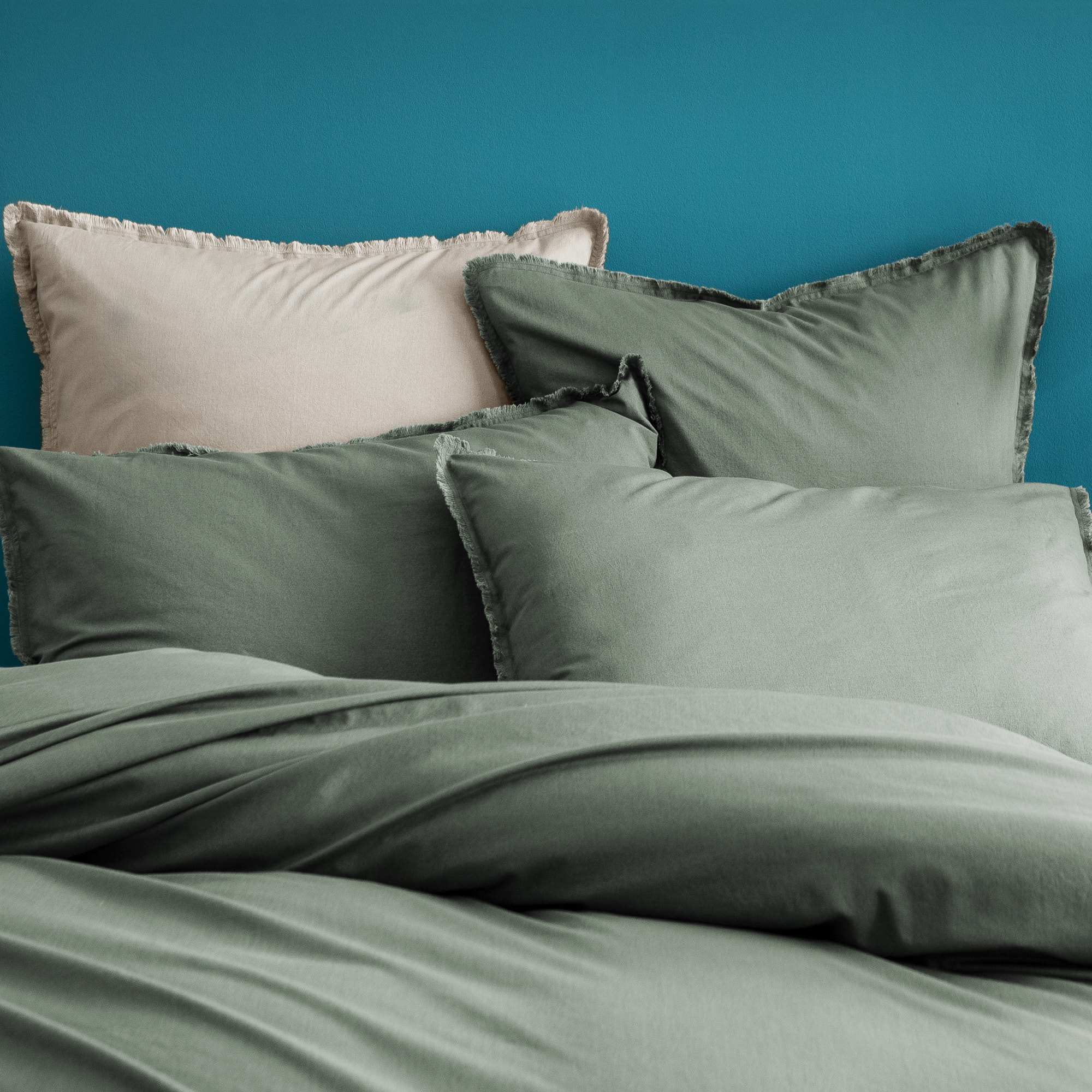 Parure de lit unie en coton taies à franges, COTON LAVÉ