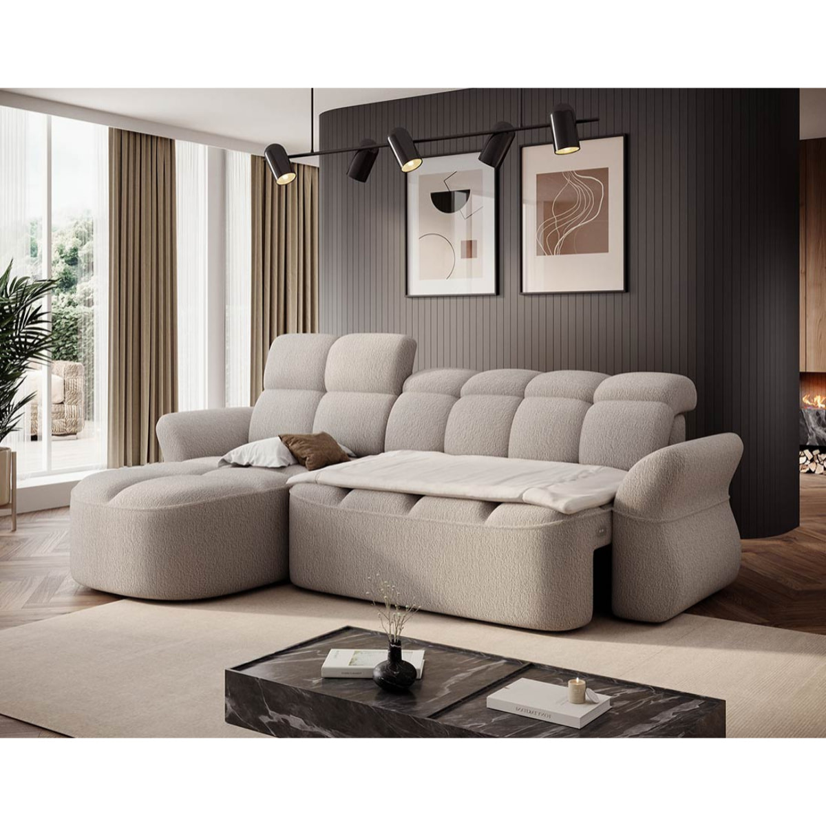 Brume - Canapé d'angle gauche 4 places convertible électrique avec coffre et têtières réglables en tissu bouclette - Beige