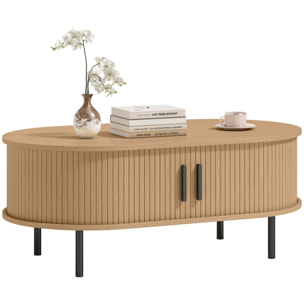Mesa de Centro con Puertas de Tambor Deslizantes, Mesa de Café Ovalada para Salón con Almacenamiento Oculto y Patas de Metal, Moderno de Mediados de Siglo, 100x55x40 cm, Madera Natural