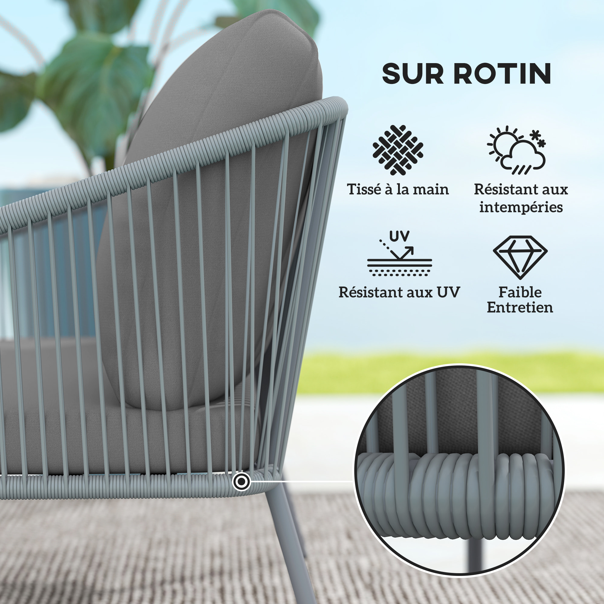 Canapé de jardin 2 places style bohème chic avec coussins assise dossier acier résine filaire gris