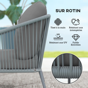 Canapé de jardin 2 places style bohème chic avec coussins assise dossier acier résine filaire gris