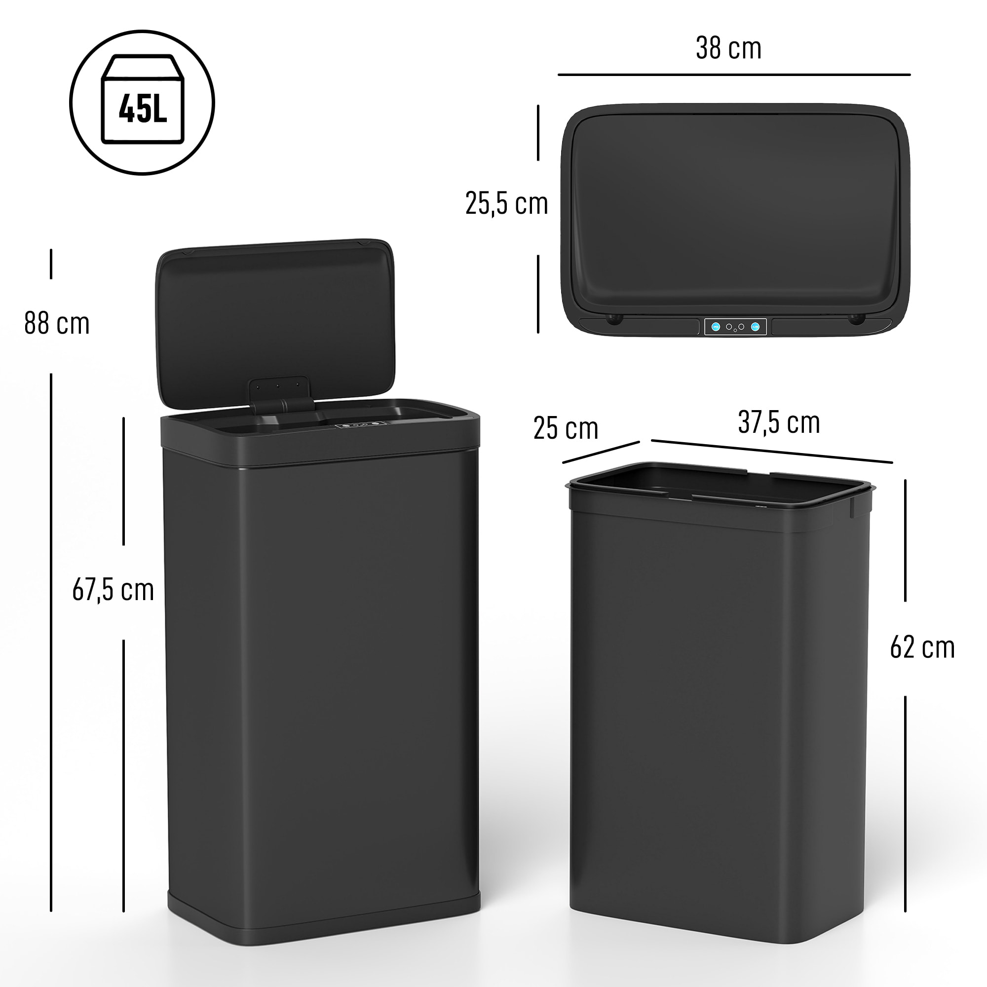 Cubo de Basura Cocina Automático 45 L, Papelera de Cocina de Metal con Sensor Infrarrojo, Cierre Suave, Cubo Interior Extraíble, Antihuellas, para Oficina, Hogar, Negro